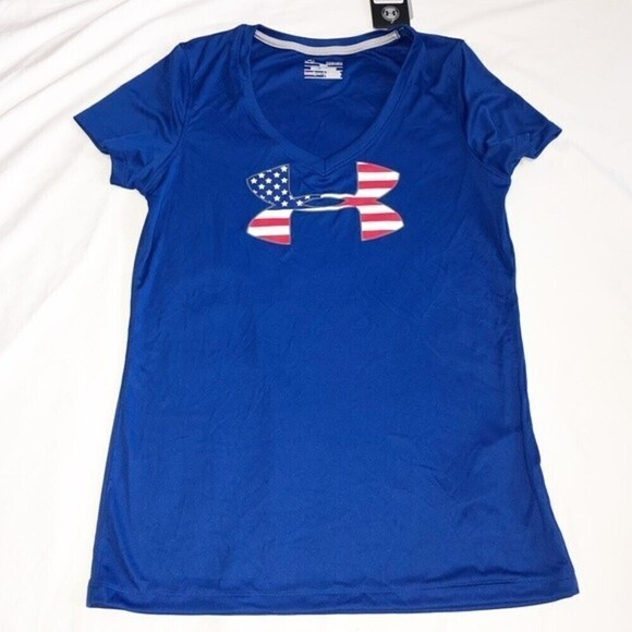 Under Armour USA Heat Gear Ladies Shirt Size M Blue Short Sleeve UPF30 NEW Flag - Picture 1 of 7